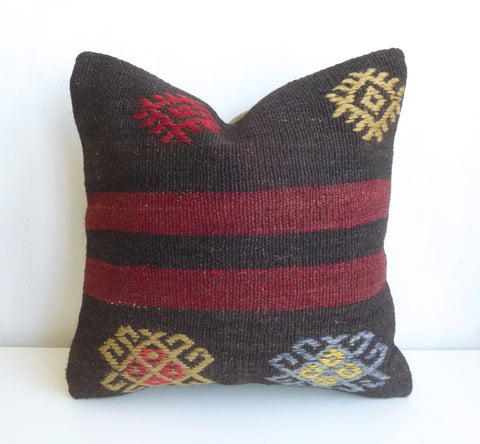 Burgundy and dark Brown Kilim Pillow Cover with Stripes - Sophie's Bazaar - 1