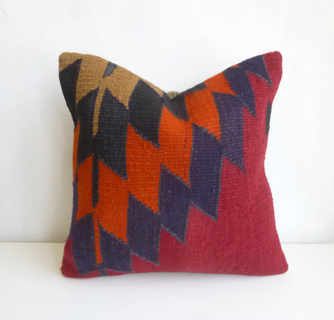 Red Kilim Pillow Cover with Colorful ZigZag design - Sophie's Bazaar - 1