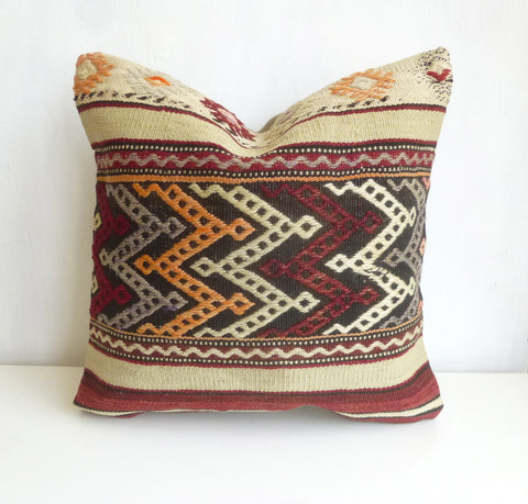 Embroidered Burgundy and Cream Kilim Pillow Cover - Sophie's Bazaar - 1