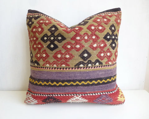 Embroidered Kilim Pillow Cover with Ethnic Design and Stripes - Sophie's Bazaar - 1