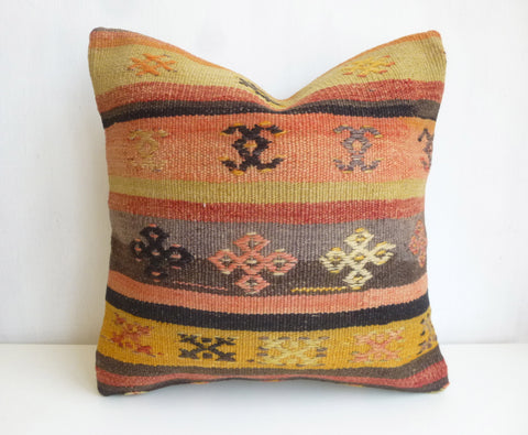 Kilim Pillow Cover with Ethnic Design and Stripes - Sophie's Bazaar - 1
