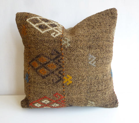 Brown Kilim Pillow Cover with Colorful Embroideries - Sophie's Bazaar - 1