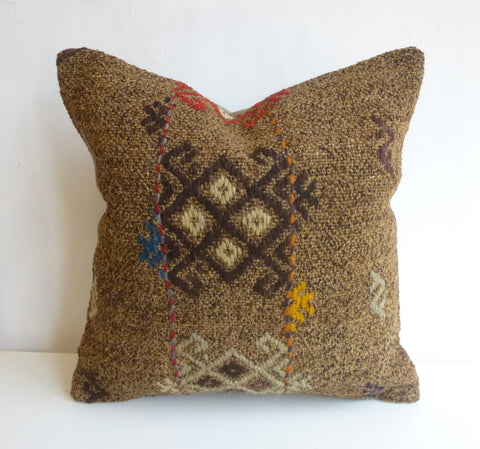Brown Kilim Pillow Cover with Colorful Ethnic Embroideries - Sophie's Bazaar - 1