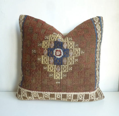 Brown Kilim Pillow cover with Original evil eye design 45x45 cm - Sophie's Bazaar - 1