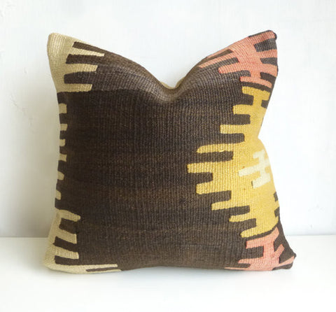 Brown & Yellow Ethnic Kilim pillow cover - Sophie's Bazaar - 1