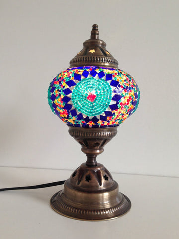 Royal Blue and Turquoise Mosaic lamp with vintage look metal base - Sophie's Bazaar - 1
