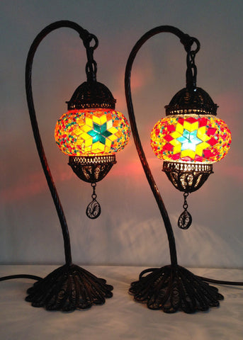 Pair of Colorful Bohemian Mosaic lamps with hand crafted copper base - Sophie's Bazaar - 1