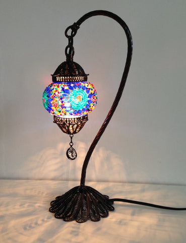 Traditional Blue Turkish Boho mosaic lamp with hand crafted copper base - Sophie's Bazaar - 1